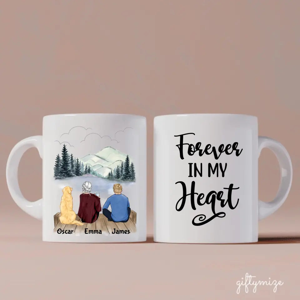 Mother and Son with Dog Personalized Mug - Name, skin, hair, clothes, dog, background, quote can be customized