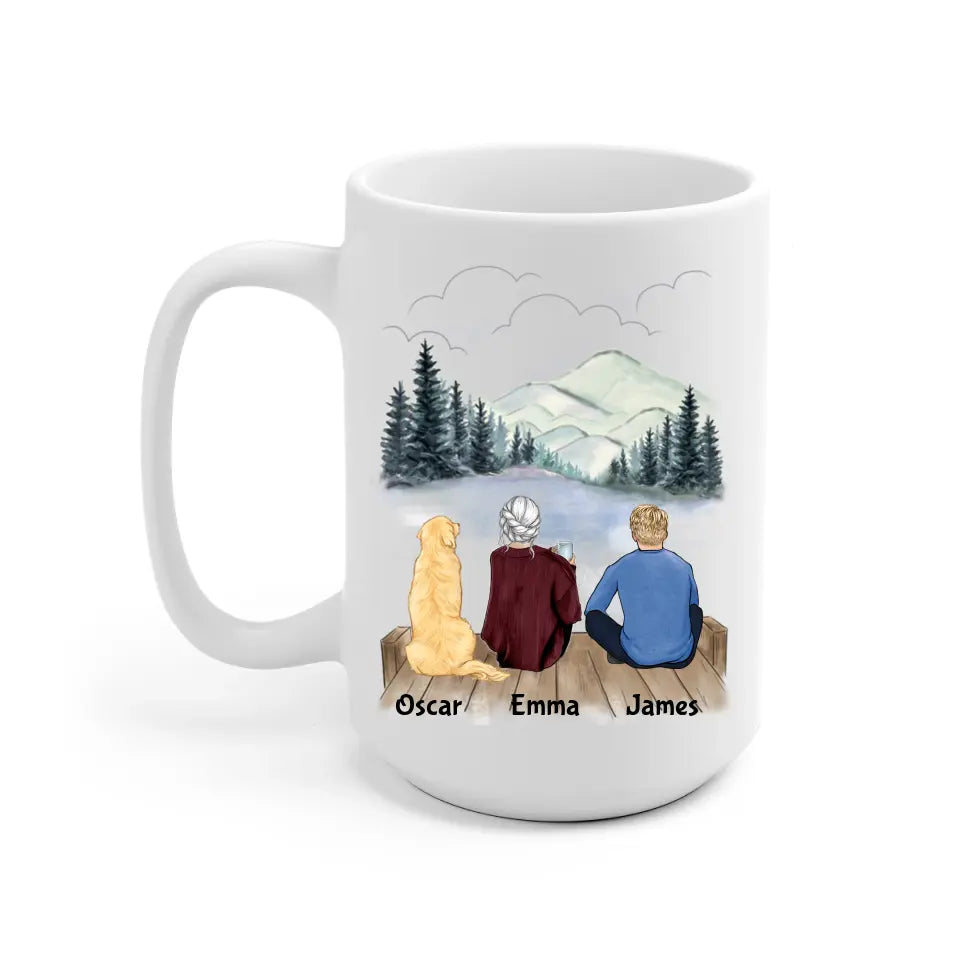 Mother and Son with Dog Personalized Mug - Name, skin, hair, clothes, dog, background, quote can be customized