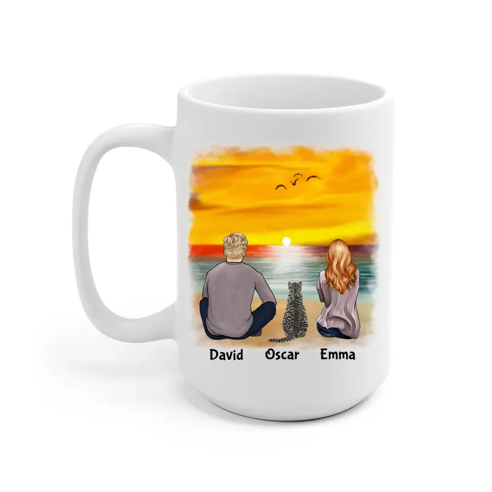 Couple & Cats on the Beach Personalized Mug - Name, skin, hair, cat, background, quote can be customized