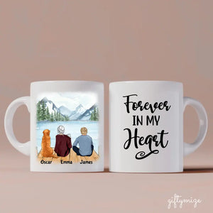 Mom and Son with Dog Squad Personalized Mug - Name, skin, hair, clothes, dog, background, quote can be customized