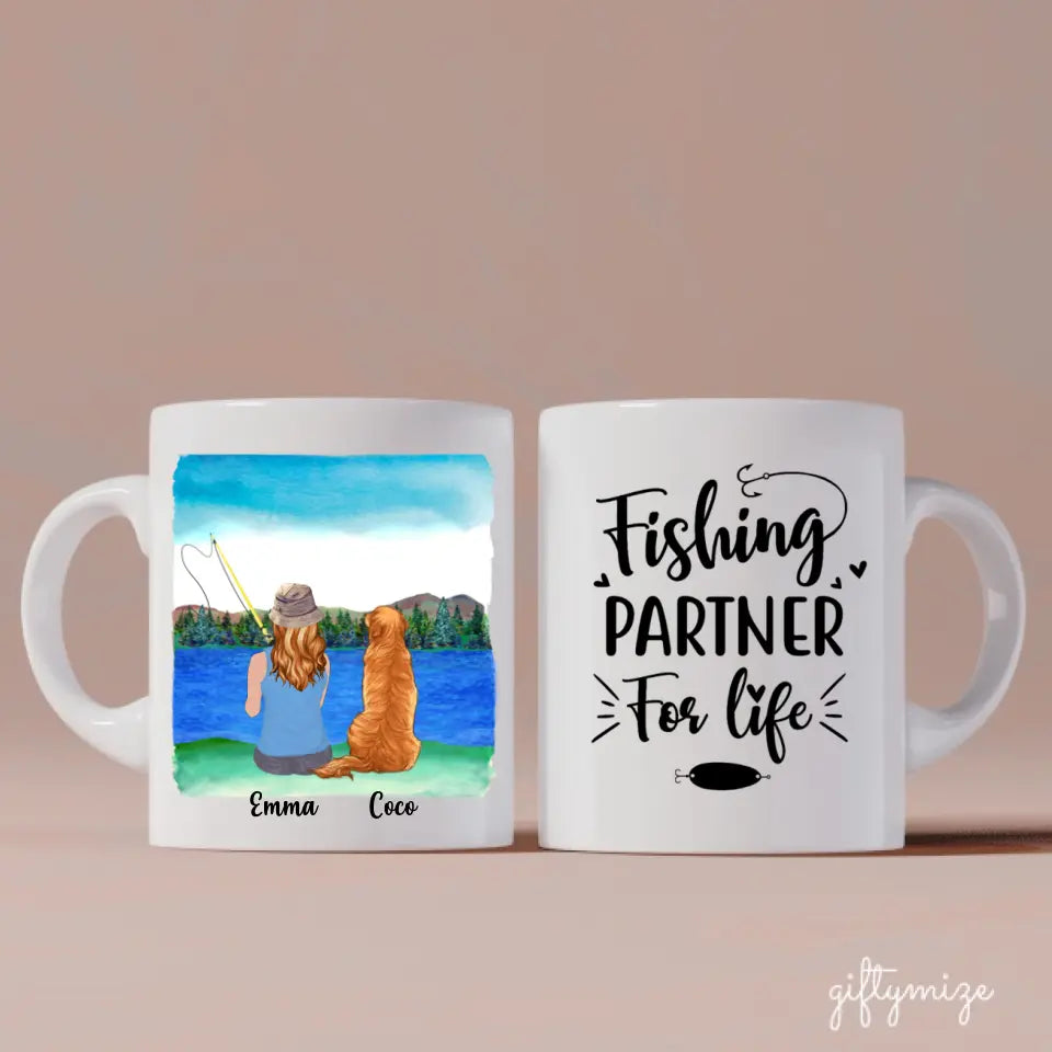 Fishing Woman and Dog Personalized Mug - Name, skin, hair, dog, background, quote can be customized