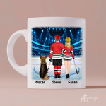 Hockey Couples and Dog Personalized Mug -Name, skin, clothes, hair, dog, background, quote can be customized