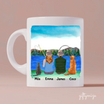Fishing Couple with Cat and Dog Personalized Mug - Name, skin, hair, dog, cat, background, quote can be customized