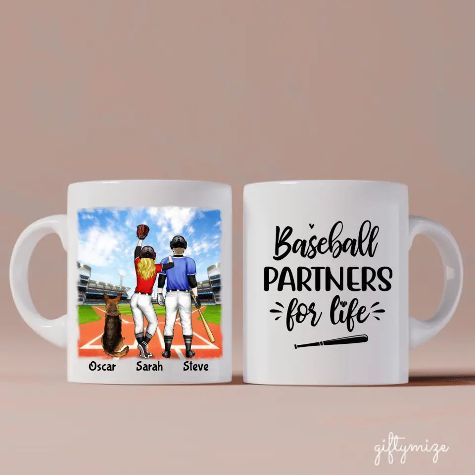 Baseball Couples with Dog Personalized Mug - Name, skin, clothes, hair, dog, background, and quote can be customized