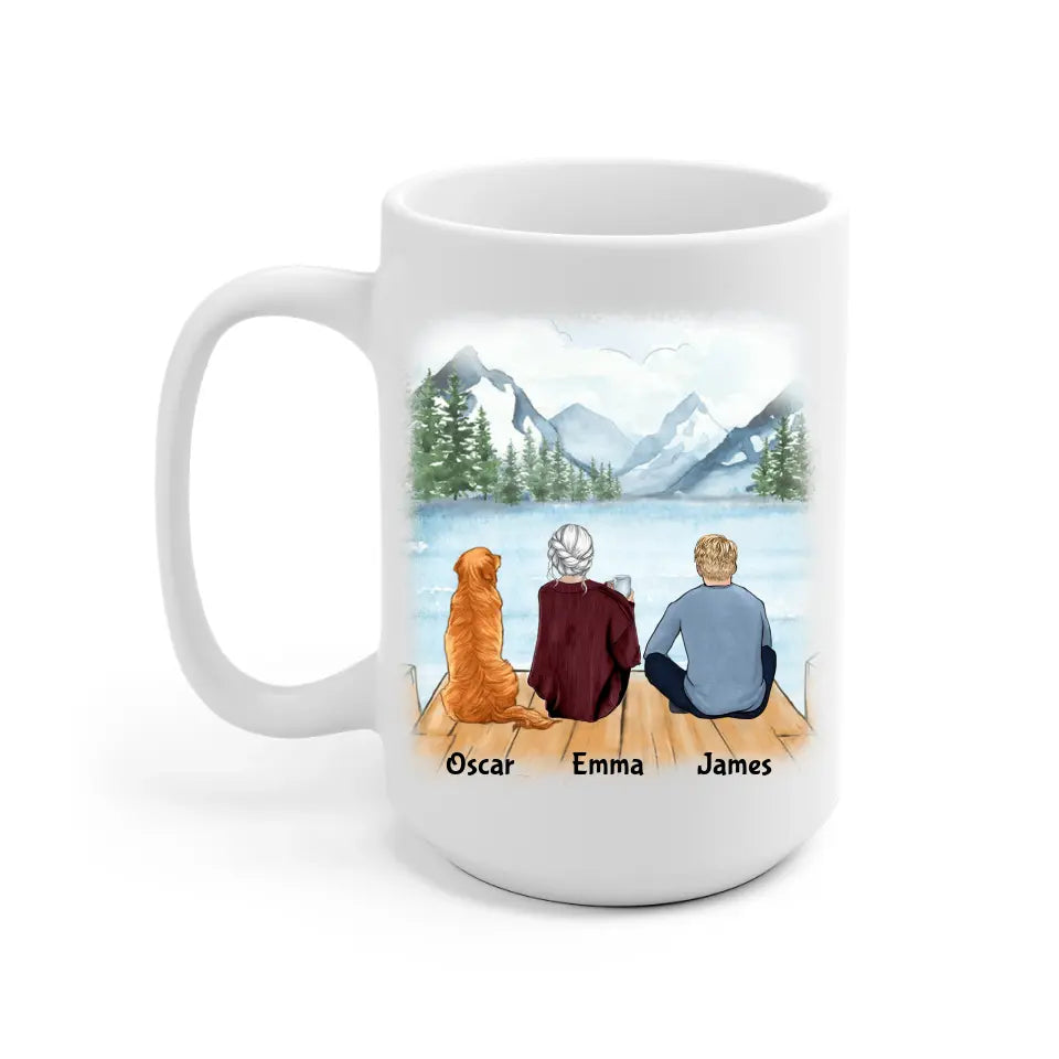 Mom and Son with Dog Squad Personalized Mug - Name, skin, hair, clothes, dog, background, quote can be customized